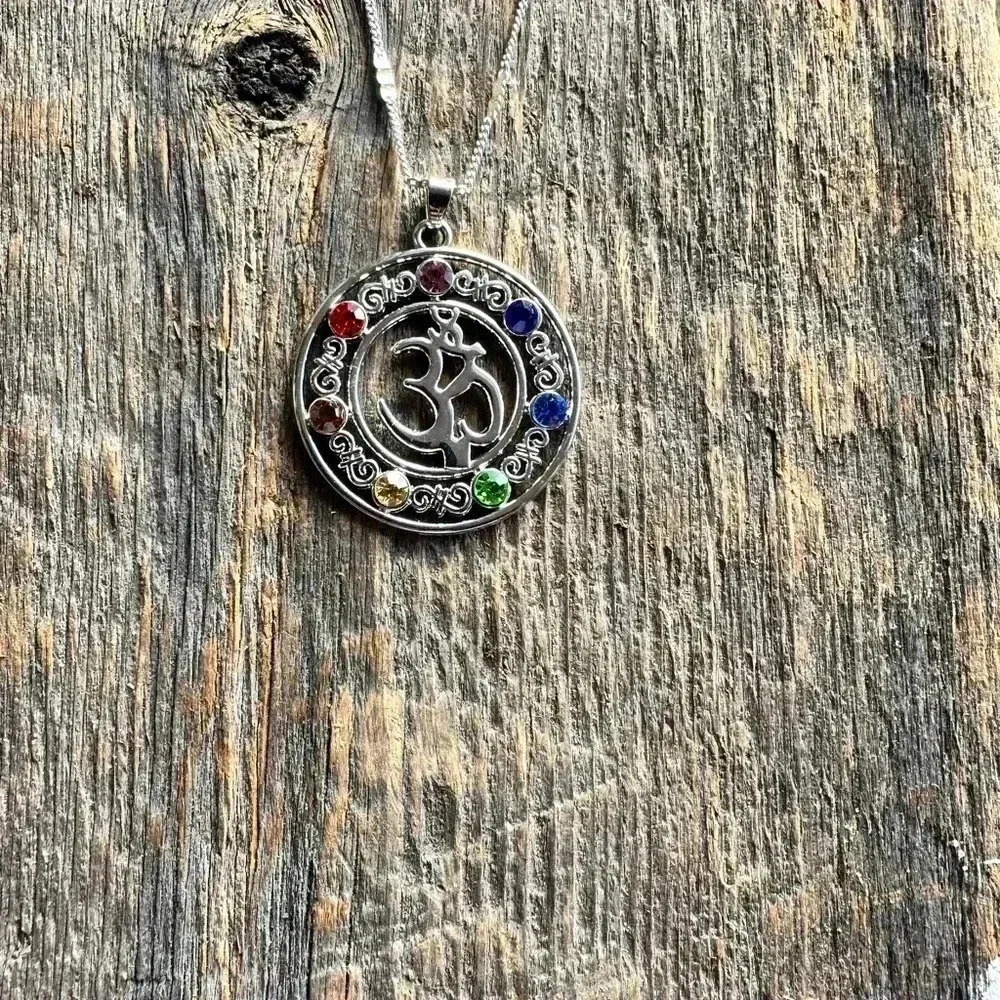 925 sterling silver chain,multi color stone pendant yoga Aum mediation - Picture 7 of 16